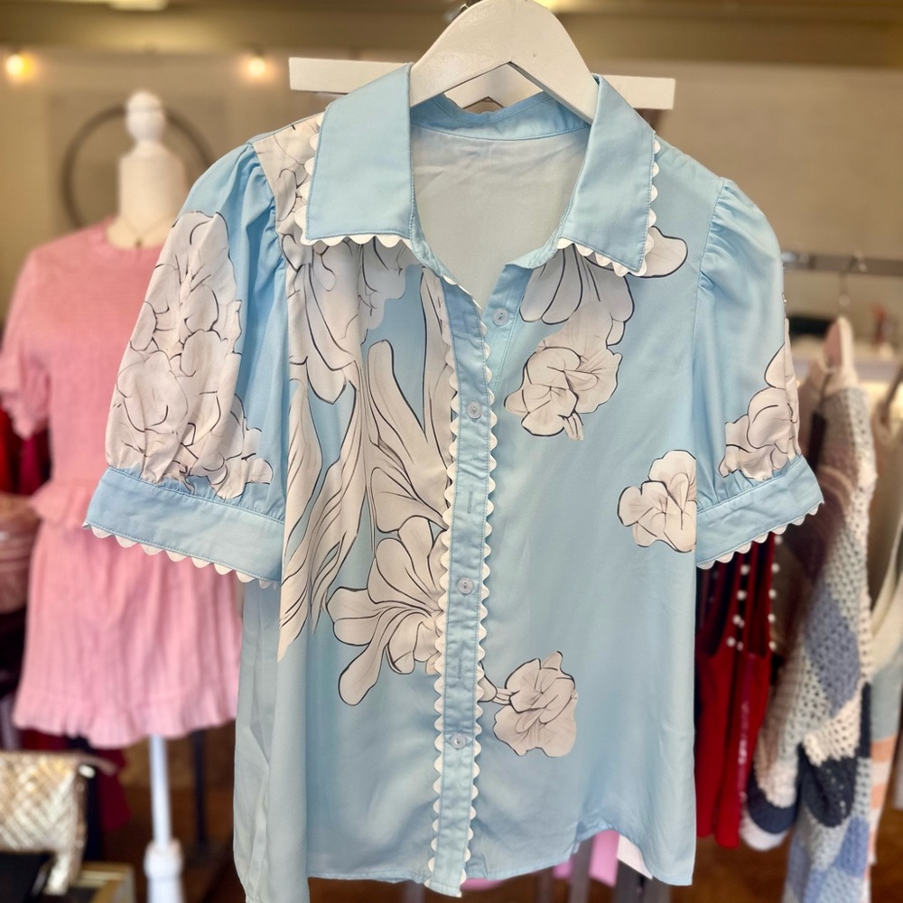 Light Blue Floral Button-Up Blouse